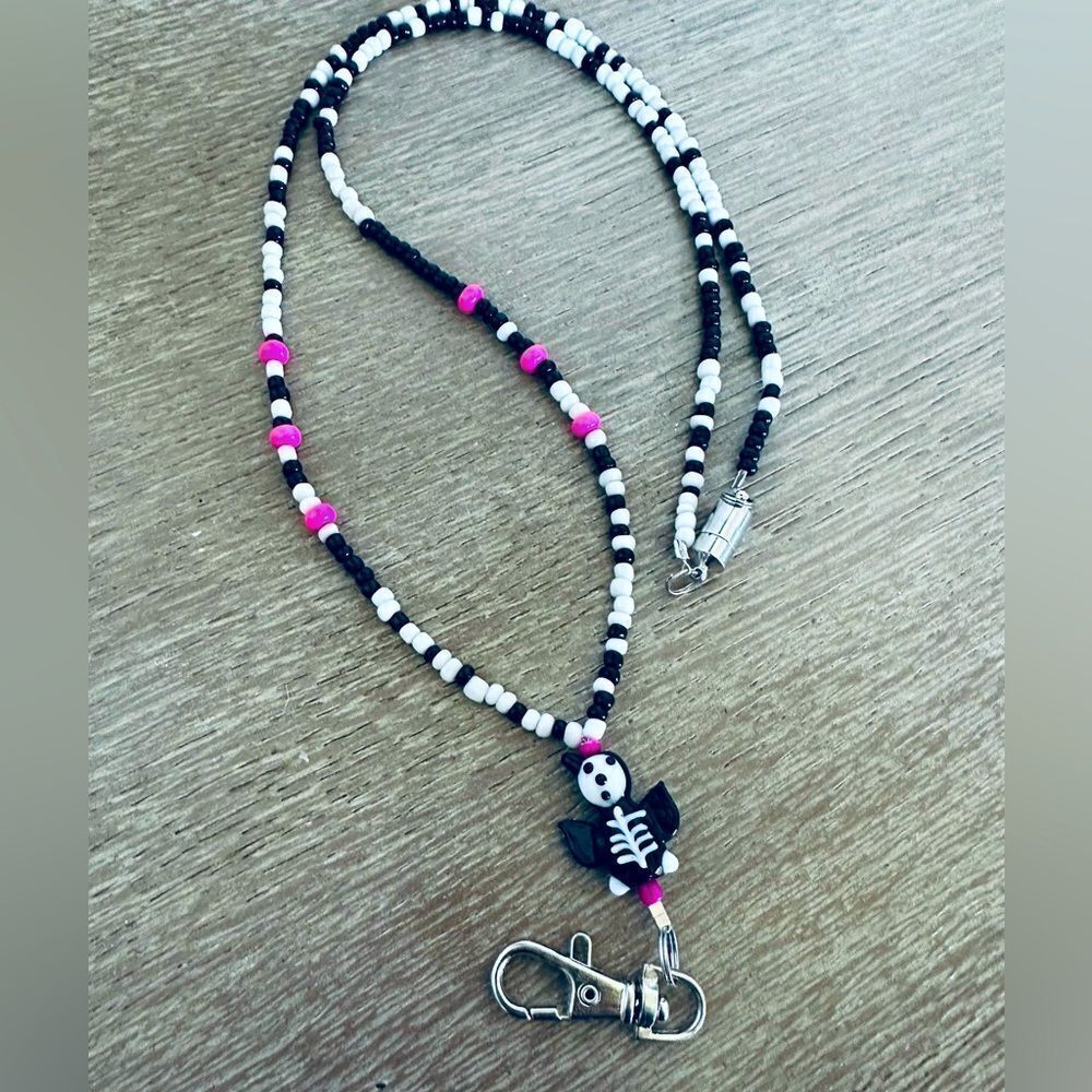 Halloween Skeleton ID Badge Beaded Lanyard Necklace Clip